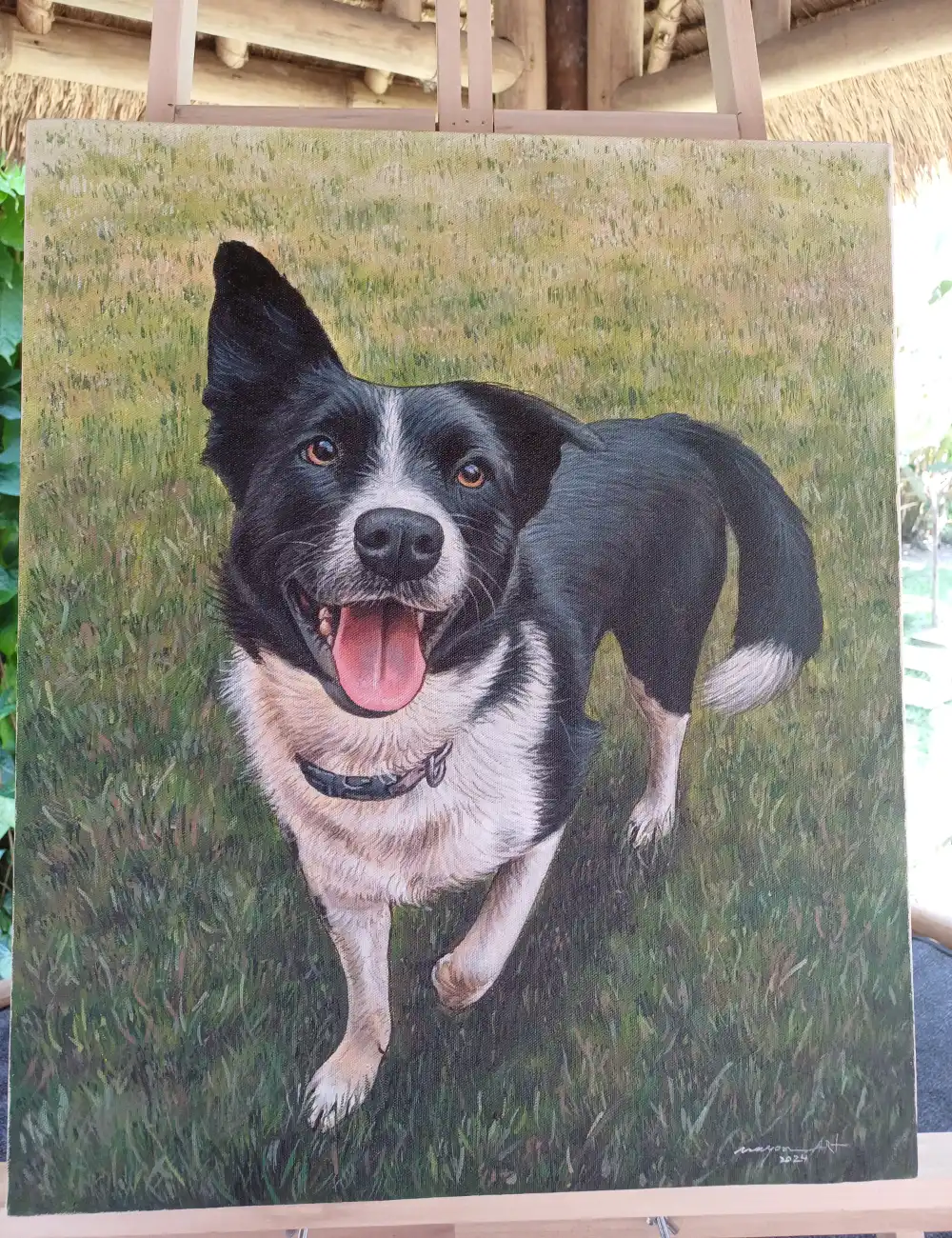 Smiling dog painting.